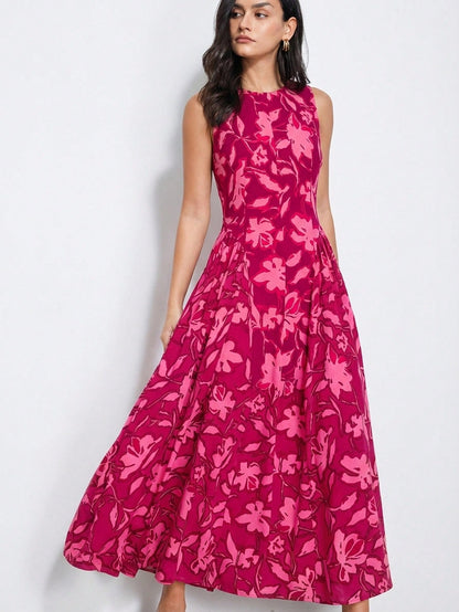 Aveloria Modichic Fuchsia Pink Elegant Summer Garden Party Dress, Colorblock Floral Tie Dye Ditsy Retro Artistic Dress, Exquisite Printing Casual Vacation Picnic Outfit