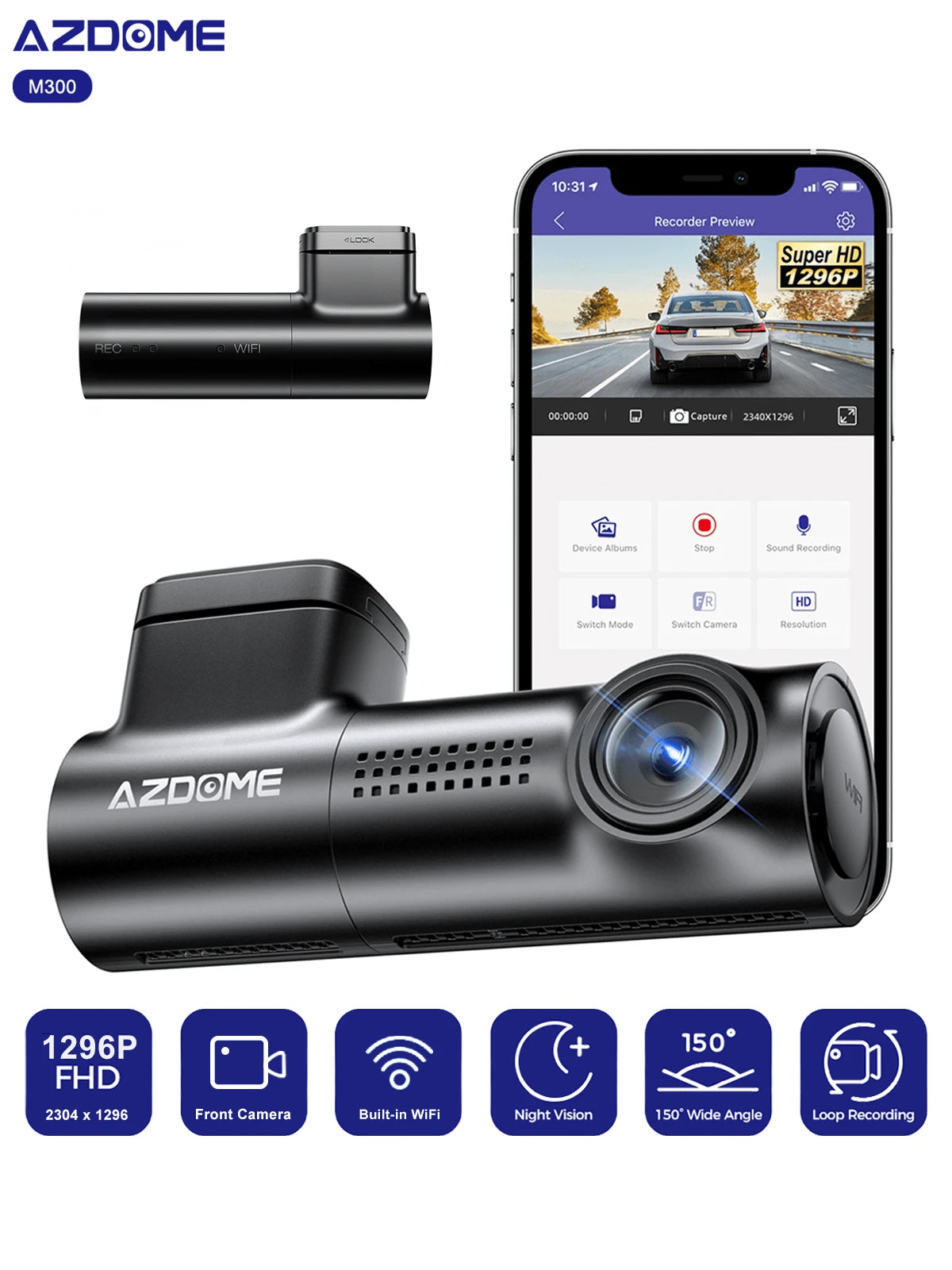 Azdome Dash Camera For Cars, 1296P WiFi Full UHD Car CameraCam, Front Dash Camera For Cars, Driving Recorder With Loop Recording, G-Sensor, Super Night Vision, 24H Parking Mode, WDR, Motion Detection