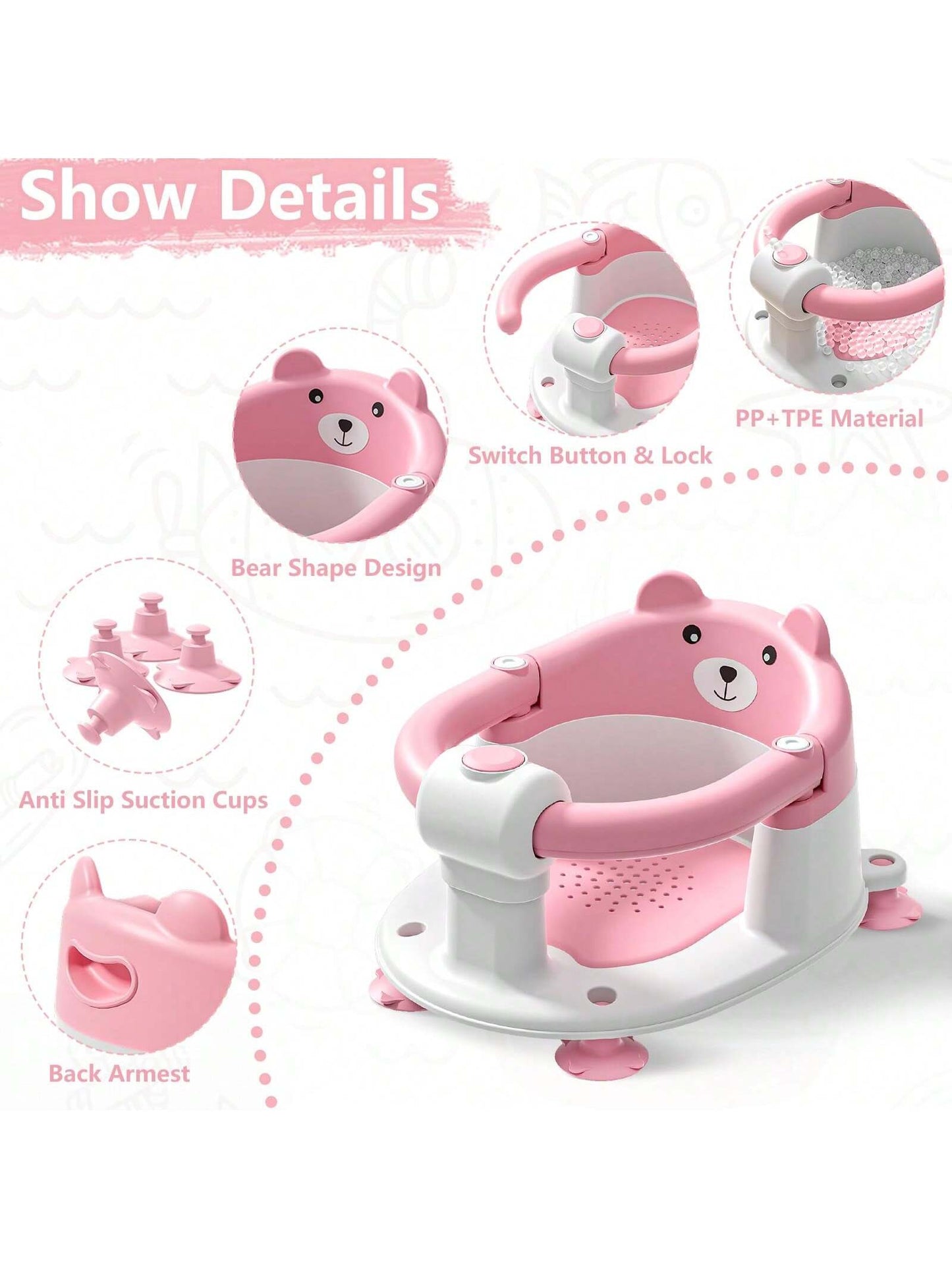 Baby Bath Seat For Babies 6 Months & Up, Toddler Bath Seats For Babies Sitting Up, Non-Slip Infant Bath Tub Chair With 4 Suction Cups & Soft Cushion For Shower, Compact Toddler Bathtub Seat