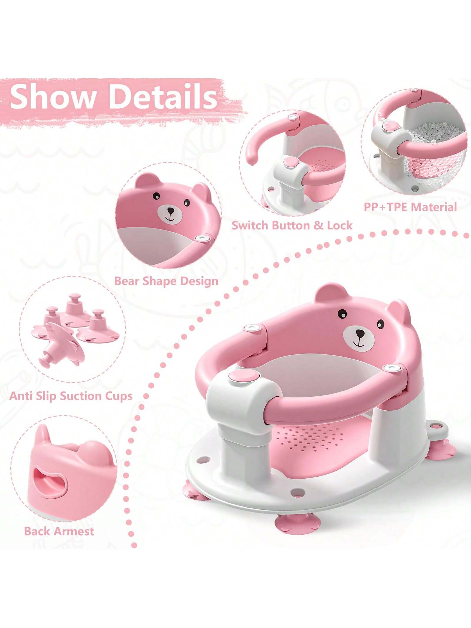 Baby Bath Seat For Babies 6 Months & Up, Toddler Bath Seats For Babies Sitting Up, Non-Slip Infant Bath Tub Chair With 4 Suction Cups & Soft Cushion For Shower, Compact Toddler Bathtub Seat