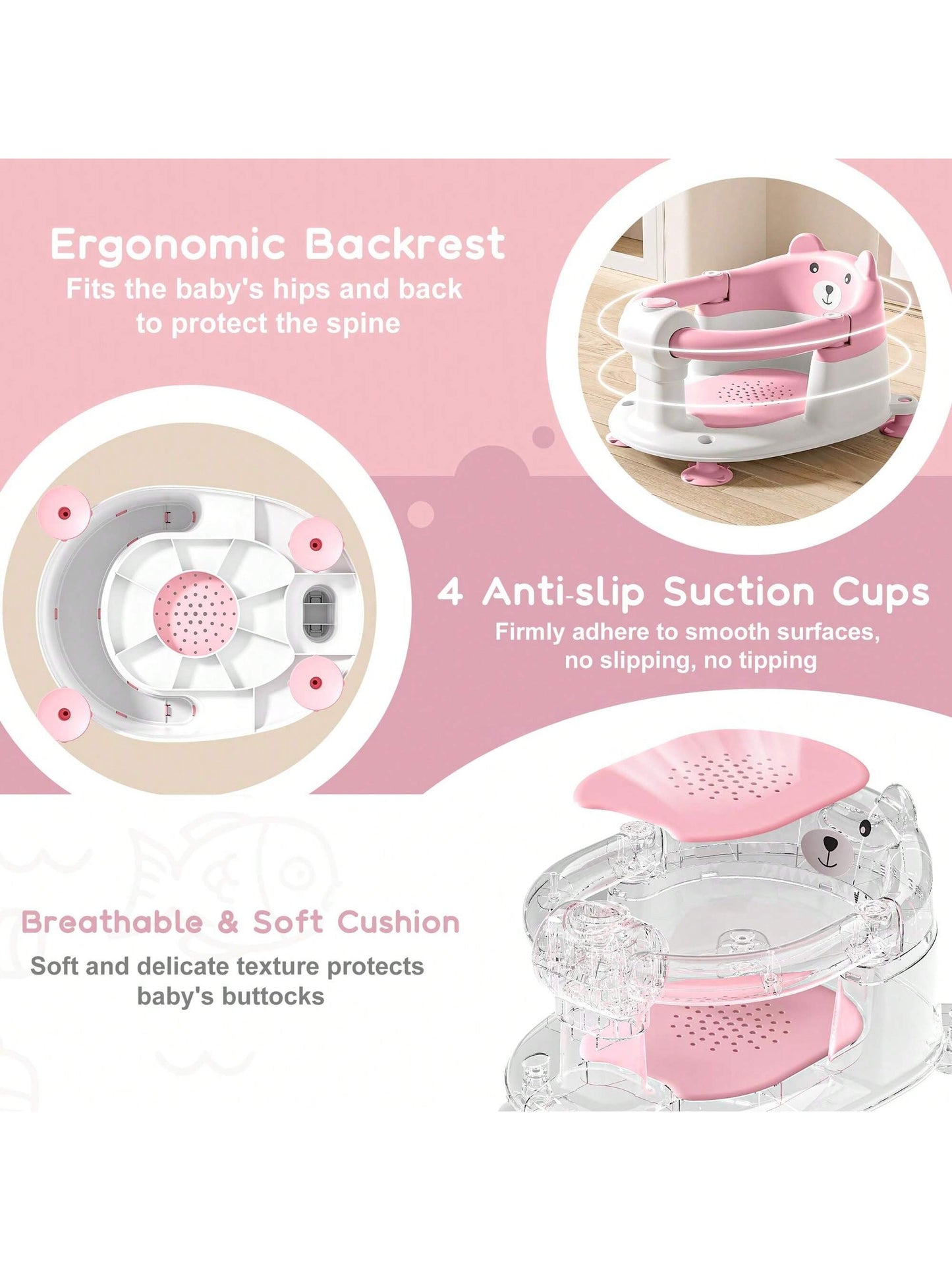 Baby Bath Seat For Babies 6 Months & Up, Toddler Bath Seats For Babies Sitting Up, Non-Slip Infant Bath Tub Chair With 4 Suction Cups & Soft Cushion For Shower, Compact Toddler Bathtub Seat