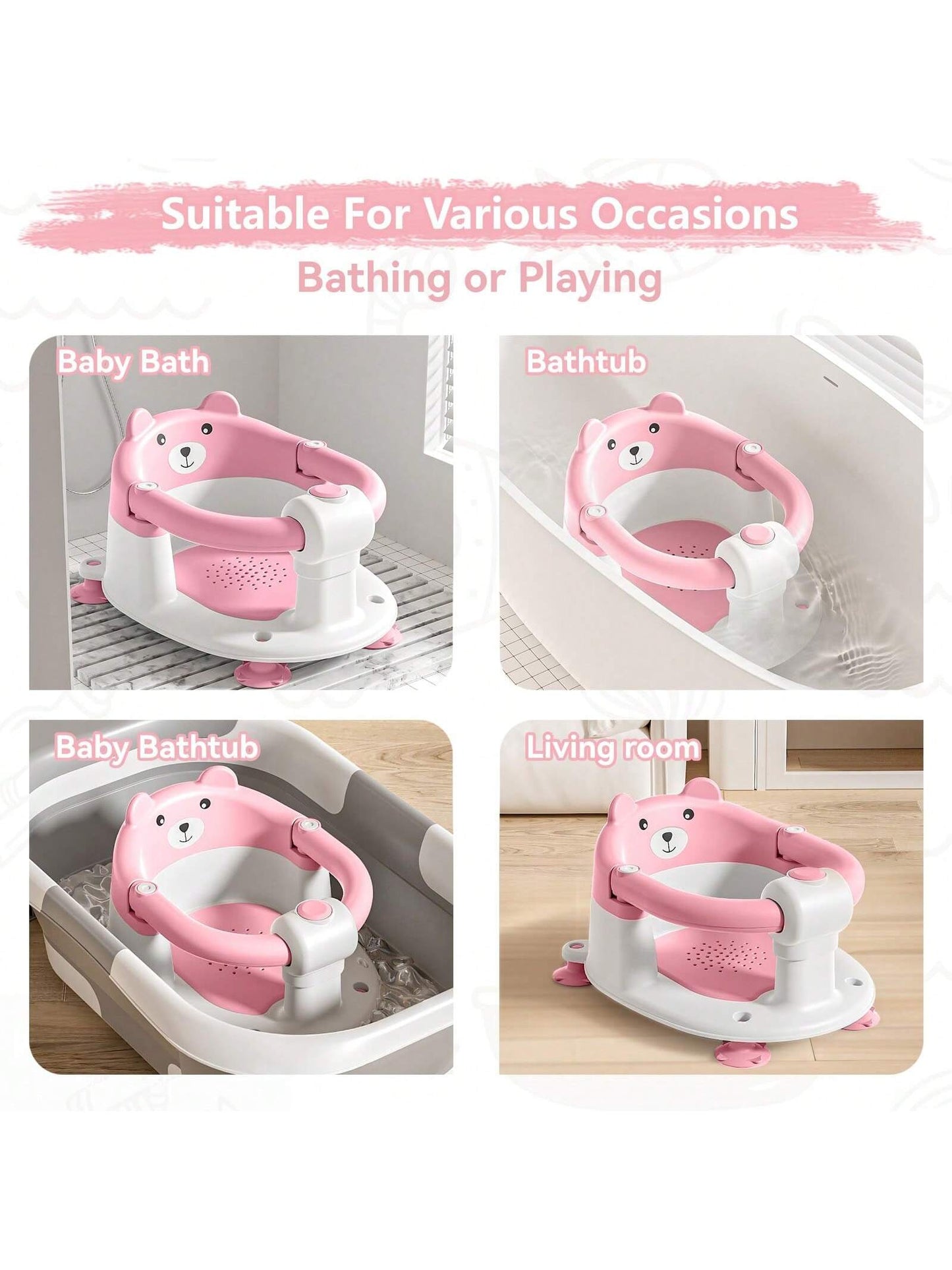 Baby Bath Seat For Babies 6 Months & Up, Toddler Bath Seats For Babies Sitting Up, Non-Slip Infant Bath Tub Chair With 4 Suction Cups & Soft Cushion For Shower, Compact Toddler Bathtub Seat