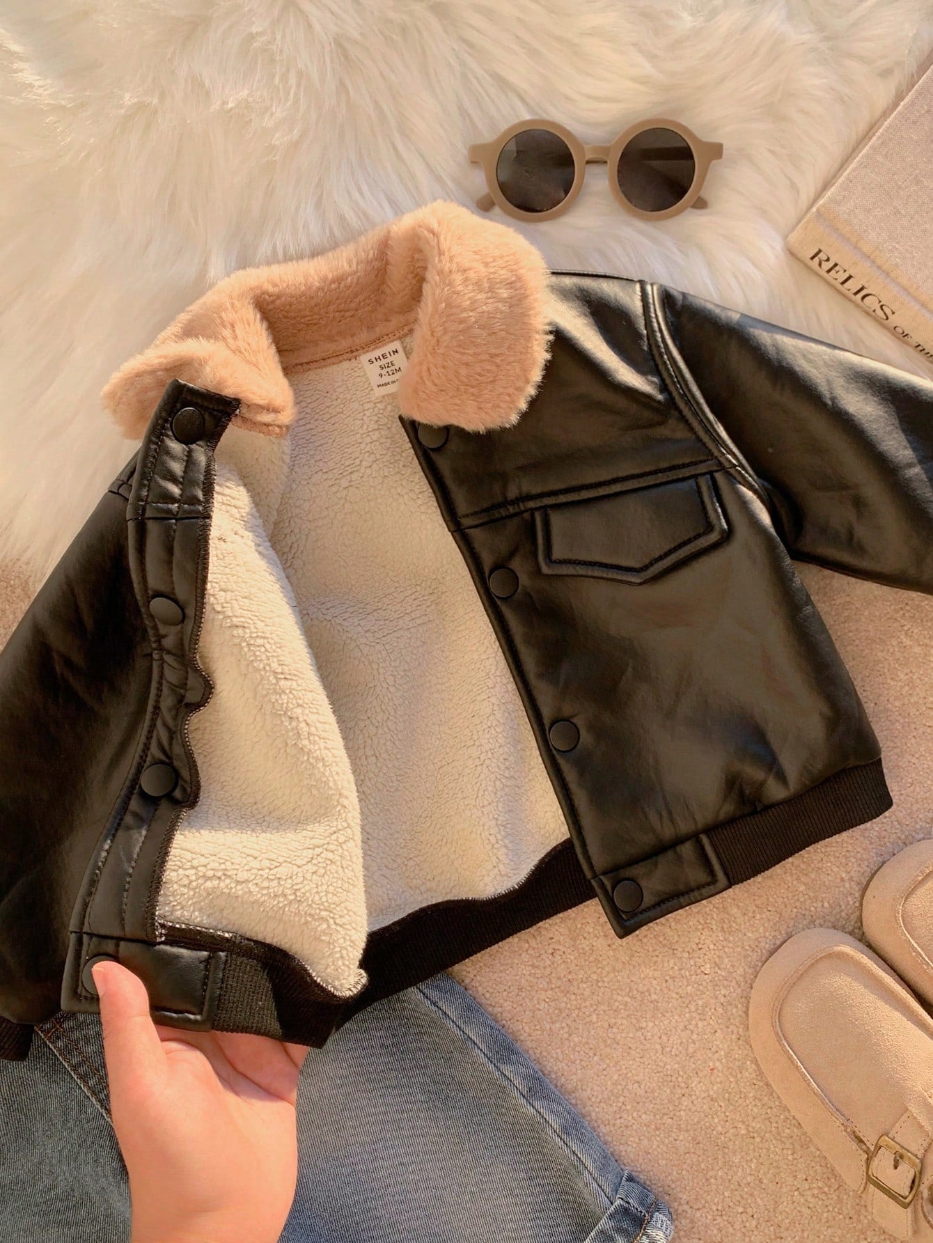 Baby Boy Autumn/Winter Cute Versatile Casual Black PU Thermal Lined Jacket