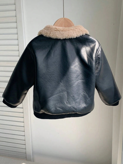 Baby Boy Autumn/Winter Cute Versatile Casual Black PU Thermal Lined Jacket