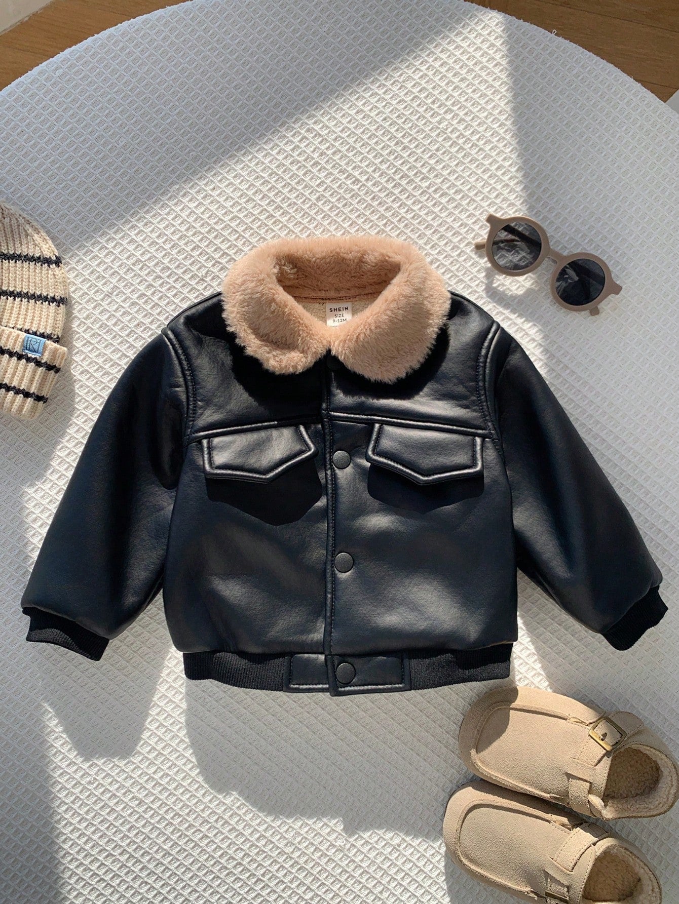 Baby Boy Autumn/Winter Cute Versatile Casual Black PU Thermal Lined Jacket