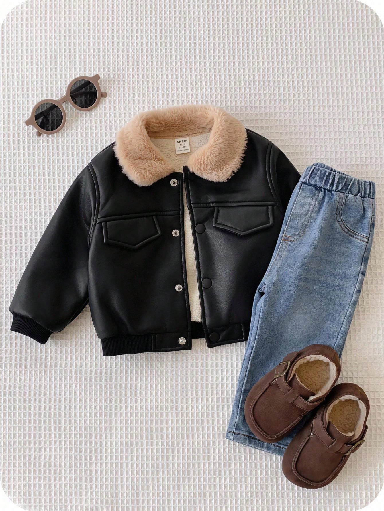 Baby Boy Autumn/Winter Cute Versatile Casual Black PU Thermal Lined Jacket