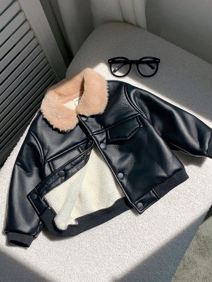 Baby Boy Autumn/Winter Cute Versatile Casual Black PU Thermal Lined Jacket