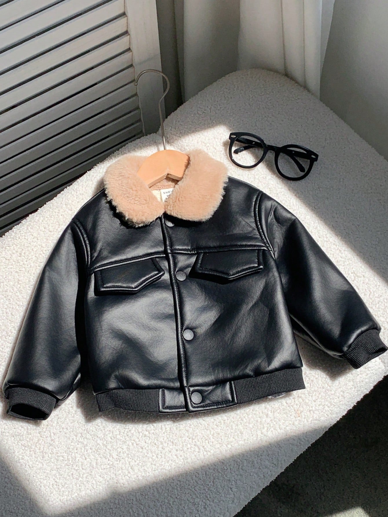 Baby Boy Autumn/Winter Cute Versatile Casual Black PU Thermal Lined Jacket