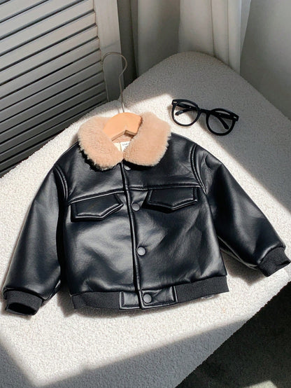 Baby Boy Autumn/Winter Cute Versatile Casual Black PU Thermal Lined Jacket