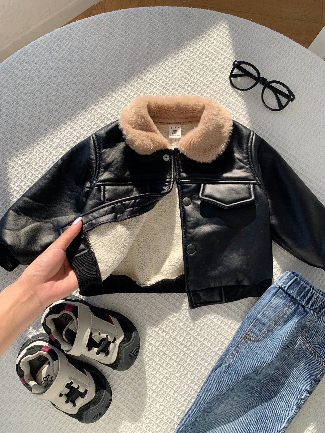 Baby Boy Autumn/Winter Cute Versatile Casual Black PU Thermal Lined Jacket