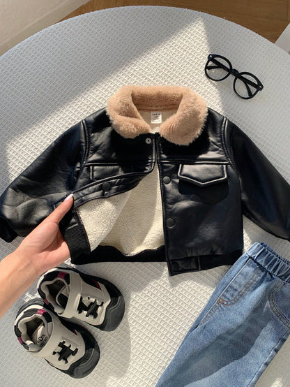 Baby Boy Autumn/Winter Cute Versatile Casual Black PU Thermal Lined Jacket