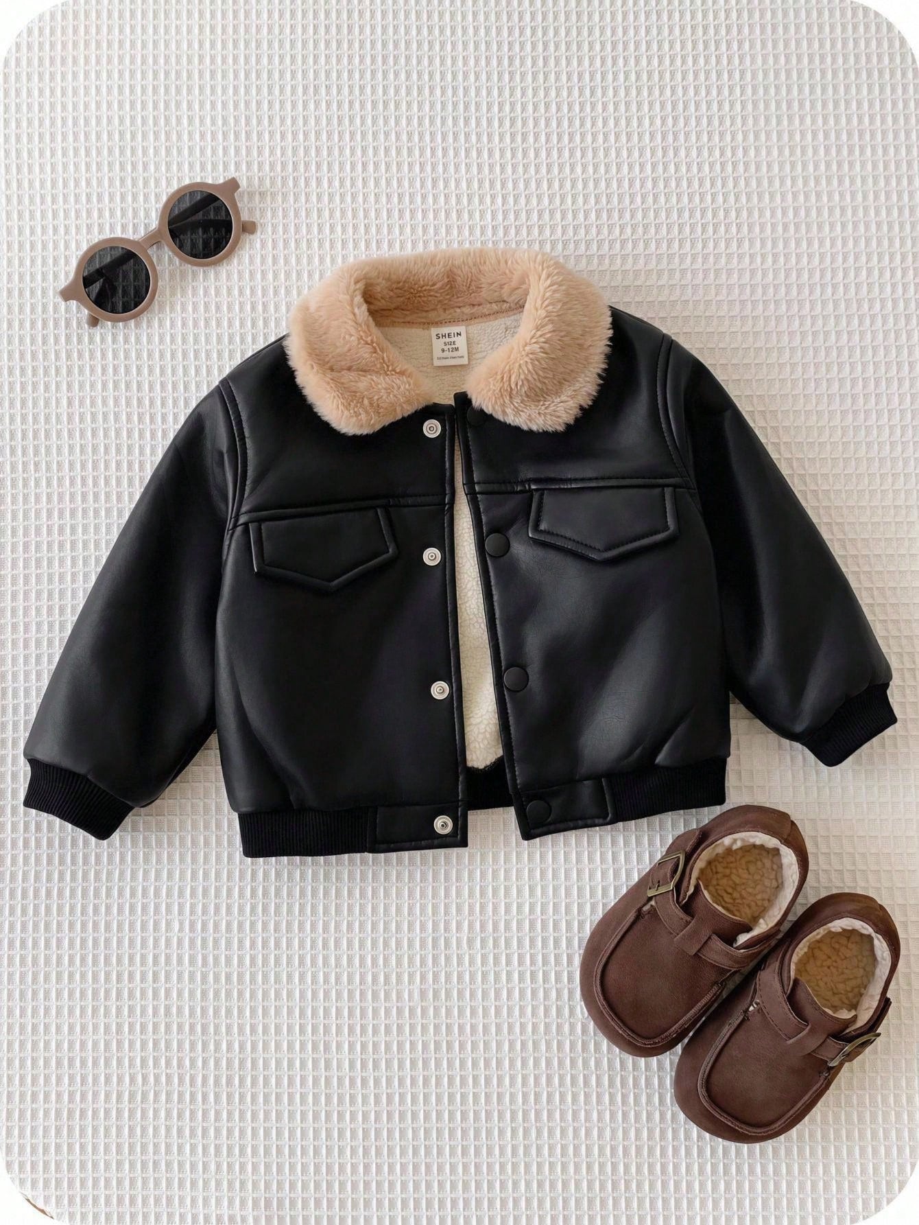 Baby Boy Autumn/Winter Cute Versatile Casual Black PU Thermal Lined Jacket