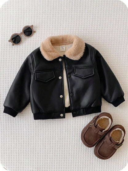 Baby Boy Autumn/Winter Cute Versatile Casual Black PU Thermal Lined Jacket