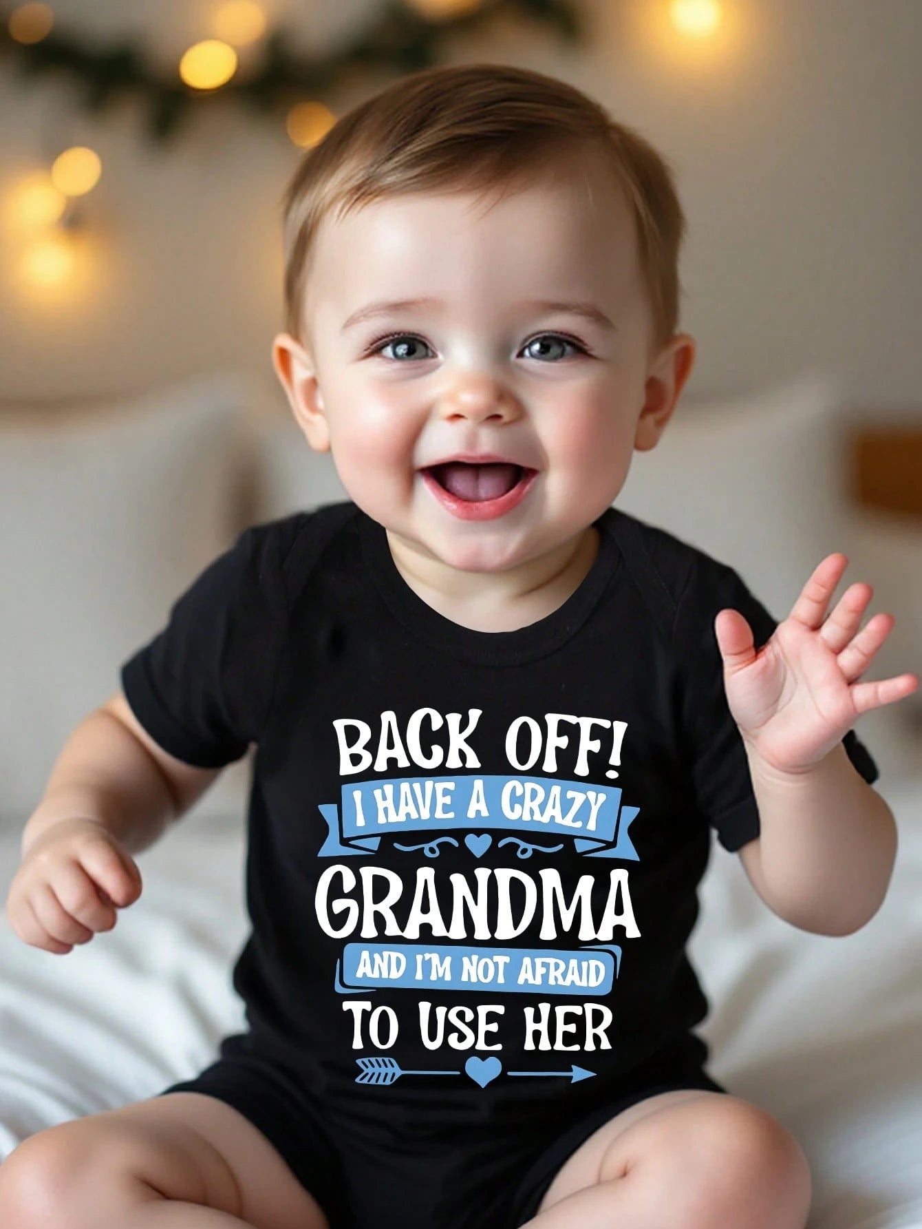 Baby Boy Casual Cute Funny Letter Slogan "BACK OFF I HAVE A CRAZY GRANDMA" Graphic Bodysuit, Minimalist Short Sleeve Print Summer Beach Black N White