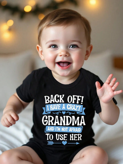 Baby Boy Casual Cute Funny Letter Slogan "BACK OFF I HAVE A CRAZY GRANDMA" Graphic Bodysuit, Minimalist Short Sleeve Print Summer Beach Black N White