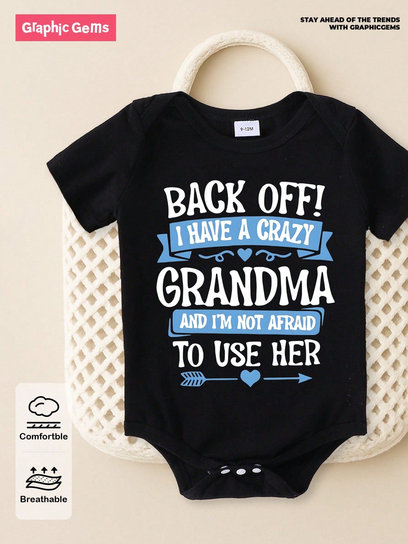 Baby Boy Casual Cute Funny Letter Slogan "BACK OFF I HAVE A CRAZY GRANDMA" Graphic Bodysuit, Minimalist Short Sleeve Print Summer Beach Black N White