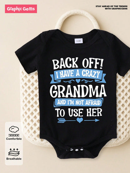 Baby Boy Casual Cute Funny Letter Slogan "BACK OFF I HAVE A CRAZY GRANDMA" Graphic Bodysuit, Minimalist Short Sleeve Print Summer Beach Black N White