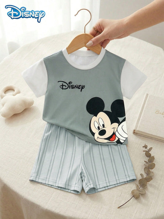 Baby Boy T-Shirt Set, Summer Disney Fresh Cartoon Style, Fitted Round Neck Color Block Mickey Mouse Print Short Sleeve T-Shirt + Striped Shorts 2-Piece Set, Casual Daily Wear, Travel, Vacation, Suitab