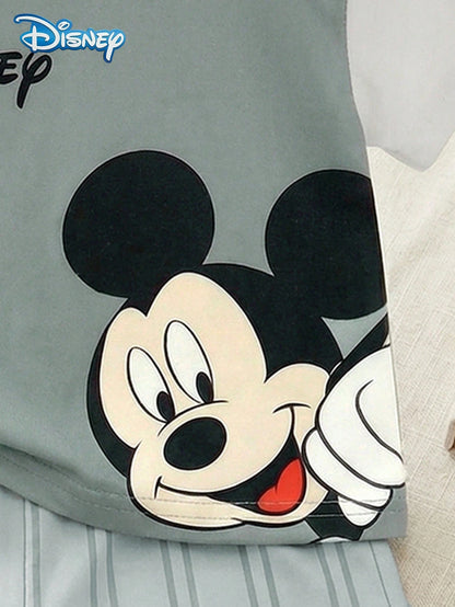 Baby Boy T-Shirt Set, Summer Disney Fresh Cartoon Style, Fitted Round Neck Color Block Mickey Mouse Print Short Sleeve T-Shirt + Striped Shorts 2-Piece Set, Casual Daily Wear, Travel, Vacation, Suitab