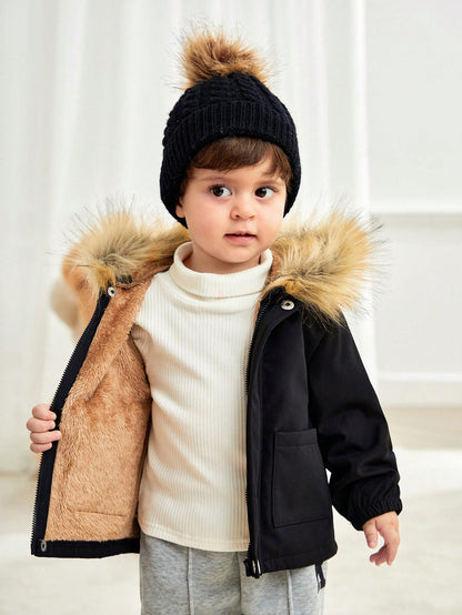 Baby Boy Thermal Lined Autumn Hoodie With Pockets, Zippered Black All-Match Warm Outerwear Suitable For Home, Outdoor & Snow Play, Winter Clothes