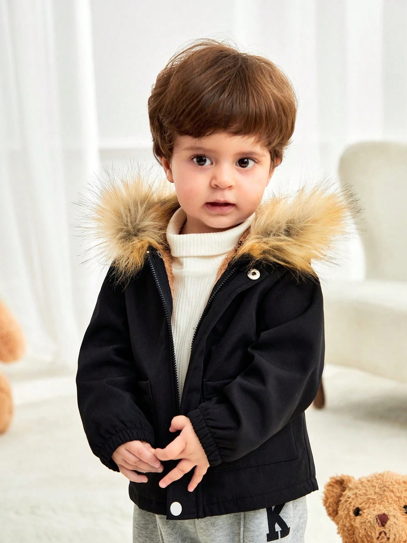 Baby Boy Thermal Lined Autumn Hoodie With Pockets, Zippered Black All-Match Warm Outerwear Suitable For Home, Outdoor & Snow Play, Winter Clothes
