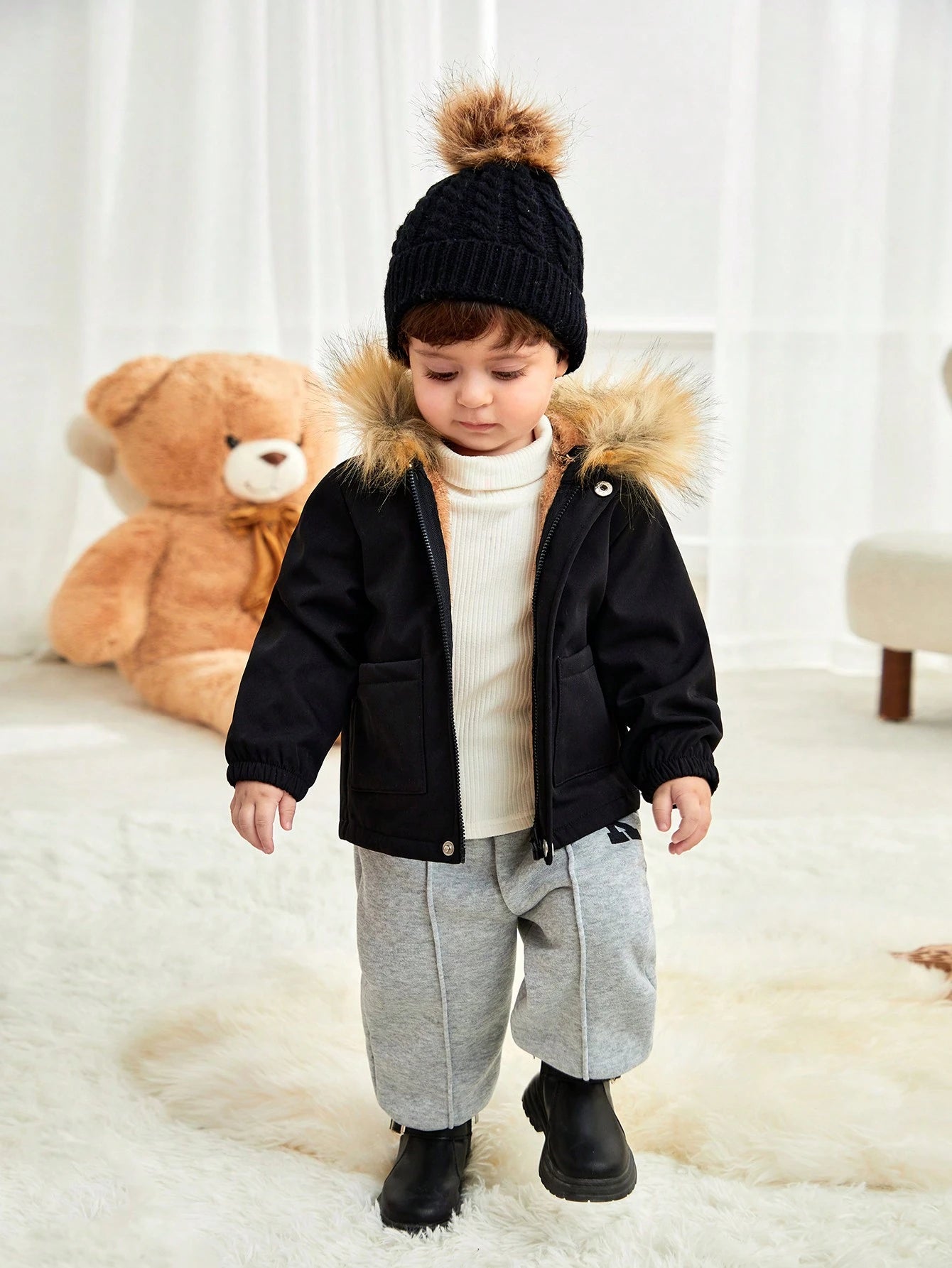 Baby Boy Thermal Lined Autumn Hoodie With Pockets, Zippered Black All-Match Warm Outerwear Suitable For Home, Outdoor & Snow Play, Winter Clothes