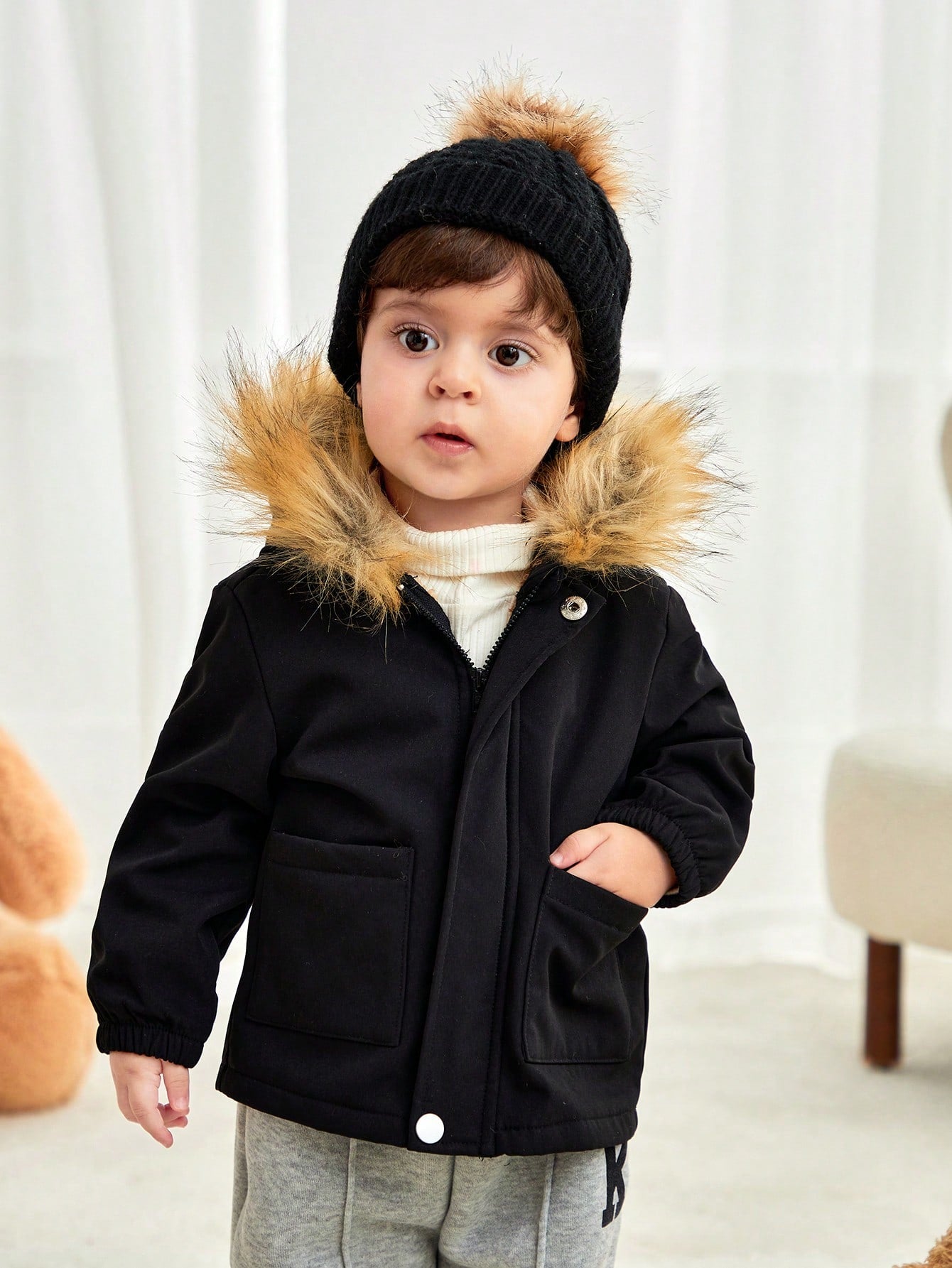 Baby Boy Thermal Lined Autumn Hoodie With Pockets, Zippered Black All-Match Warm Outerwear Suitable For Home, Outdoor & Snow Play, Winter Clothes
