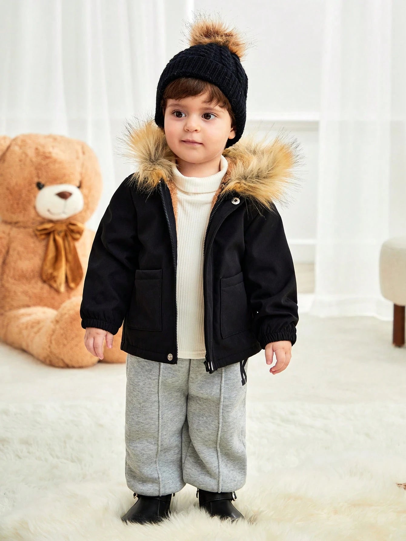 Baby Boy Thermal Lined Autumn Hoodie With Pockets, Zippered Black All-Match Warm Outerwear Suitable For Home, Outdoor & Snow Play, Winter Clothes
