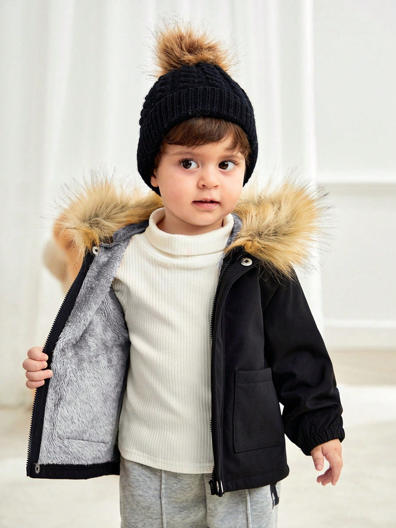 Baby Boy Thermal Lined Autumn Hoodie With Pockets, Zippered Black All-Match Warm Outerwear Suitable For Home, Outdoor & Snow Play, Winter Clothes