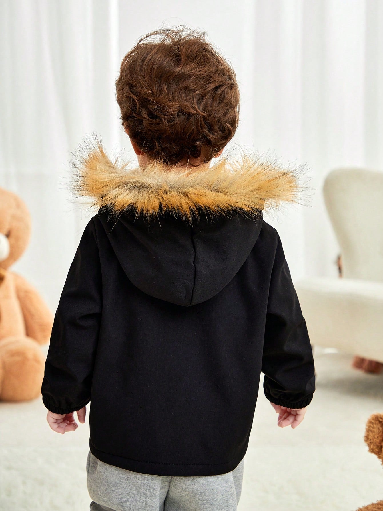 Baby Boy Thermal Lined Autumn Hoodie With Pockets, Zippered Black All-Match Warm Outerwear Suitable For Home, Outdoor & Snow Play, Winter Clothes