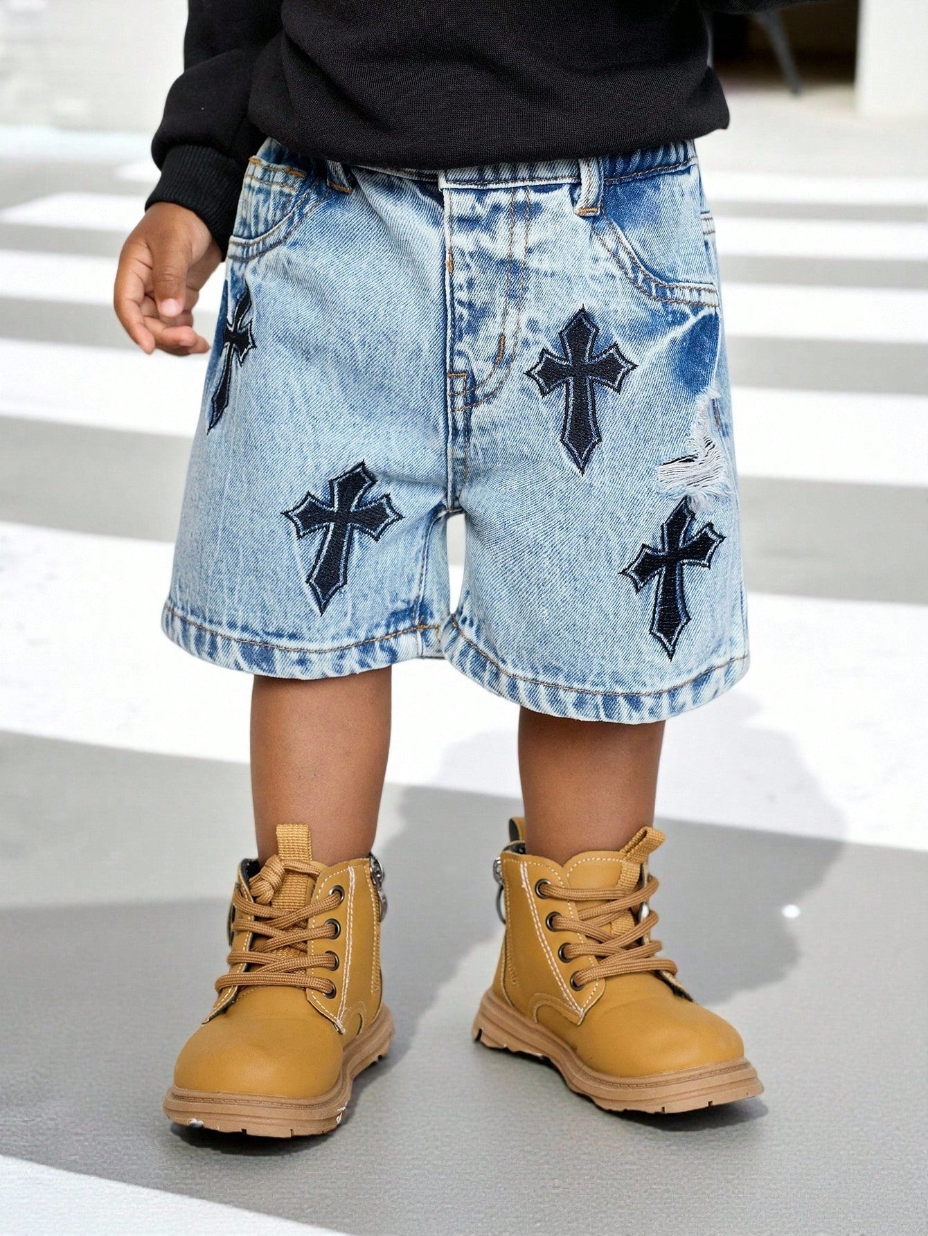 Baby Boy Urban Street Vintage Distressed Urban Cross Embroidered Blue Denim Long Jeans Shorts Bermuda Spring Summer,For Baby Dailywear Spring Summer And Back To School,Streetwear,Boy Christmas,New Yea