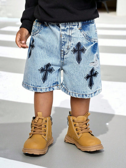 Baby Boy Urban Street Vintage Distressed Urban Cross Embroidered Blue Denim Long Jeans Shorts Bermuda Spring Summer,For Baby Dailywear Spring Summer And Back To School,Streetwear,Boy Christmas,New Yea
