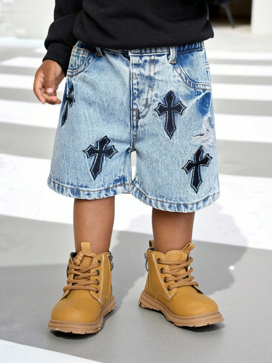 Baby Boy Urban Street Vintage Distressed Urban Cross Embroidered Blue Denim Long Jeans Shorts Bermuda Spring Summer,For Baby Dailywear Spring Summer And Back To School,Streetwear,Boy Christmas,New Yea