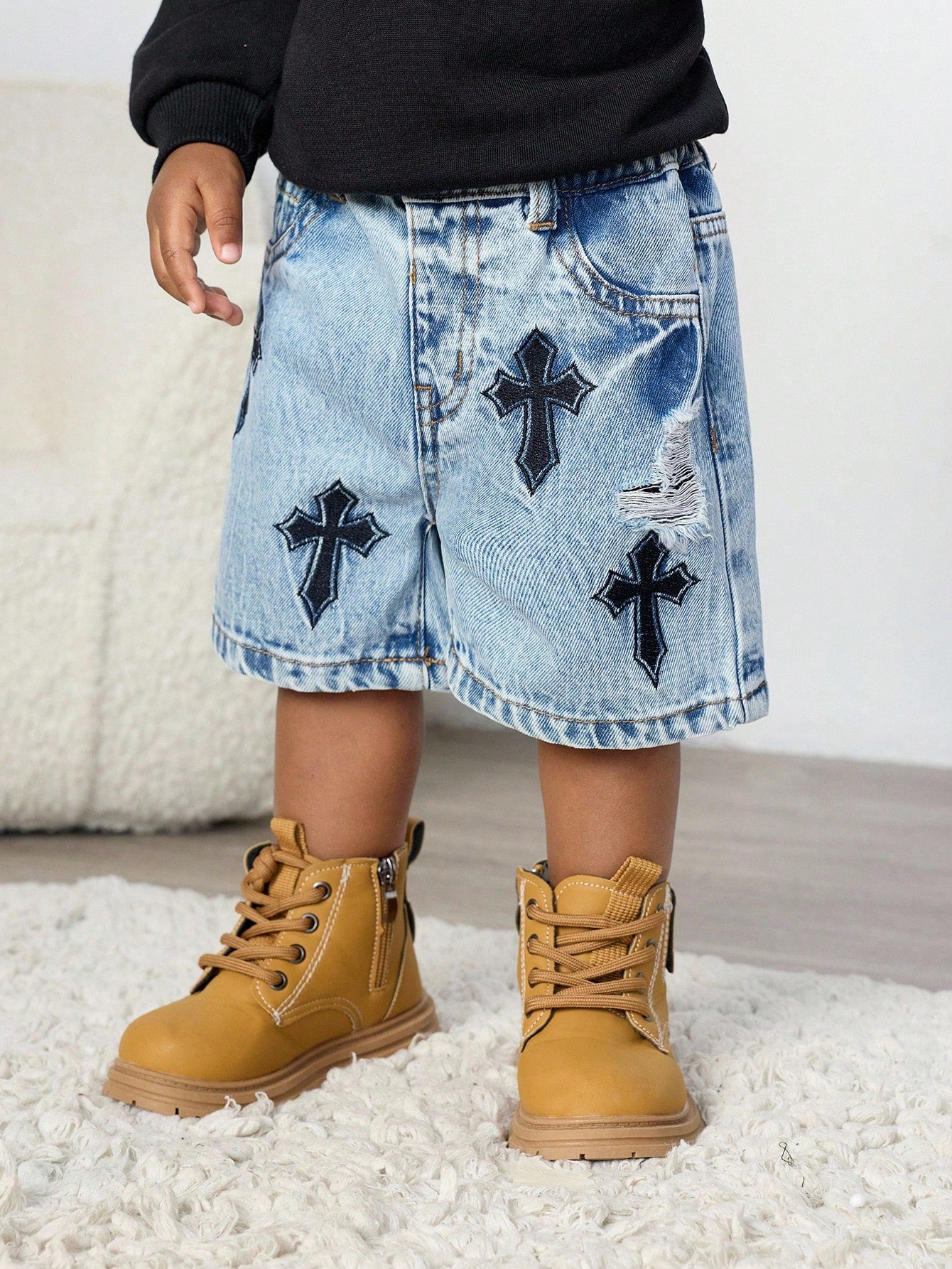 Baby Boy Urban Street Vintage Distressed Urban Cross Embroidered Blue Denim Long Jeans Shorts Bermuda Spring Summer,For Baby Dailywear Spring Summer And Back To School,Streetwear,Boy Christmas,New Yea