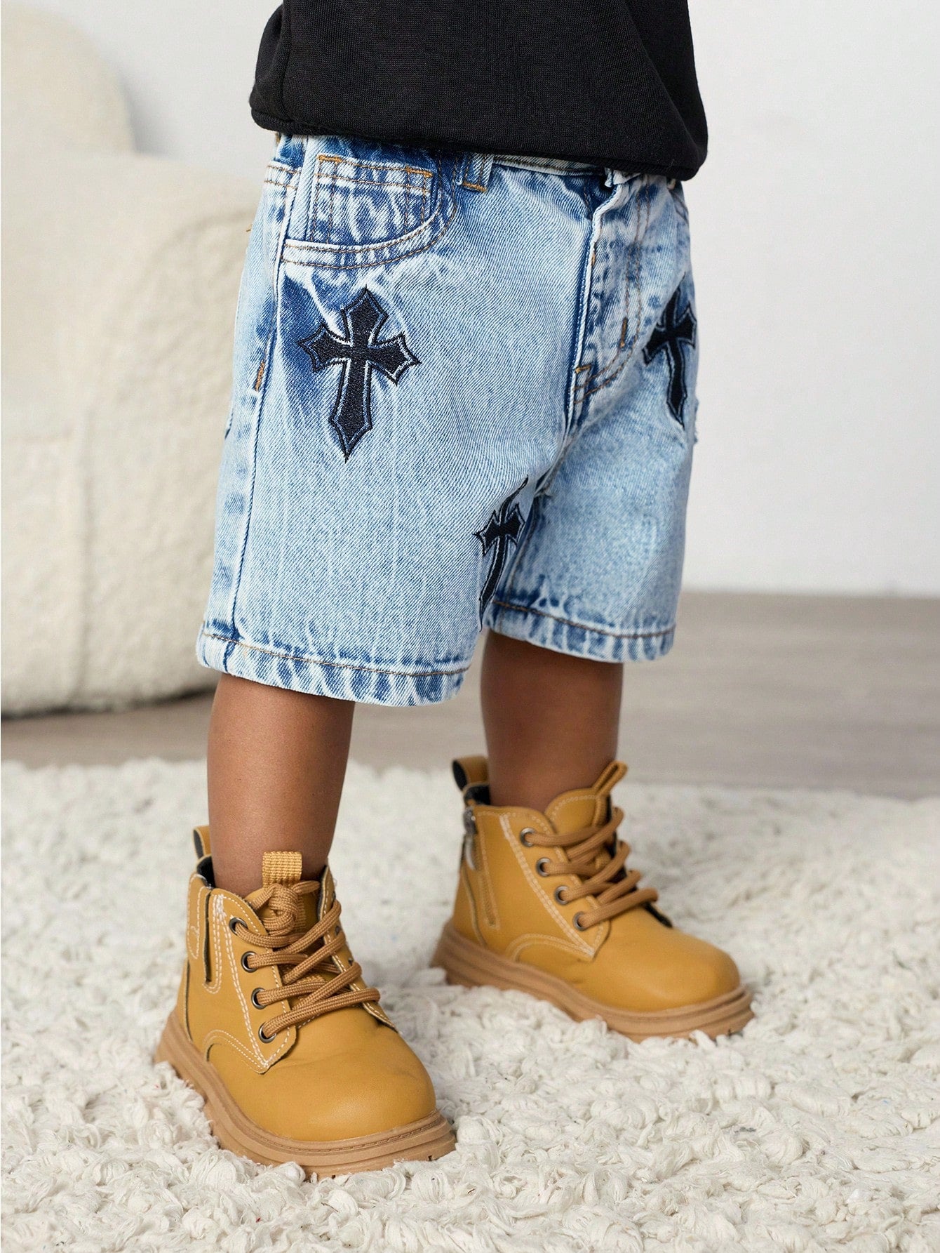 Baby Boy Urban Street Vintage Distressed Urban Cross Embroidered Blue Denim Long Jeans Shorts Bermuda Spring Summer,For Baby Dailywear Spring Summer And Back To School,Streetwear,Boy Christmas,New Yea