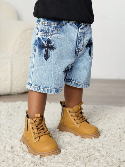 Baby Boy Urban Street Vintage Distressed Urban Cross Embroidered Blue Denim Long Jeans Shorts Bermuda Spring Summer,For Baby Dailywear Spring Summer And Back To School,Streetwear,Boy Christmas,New Yea