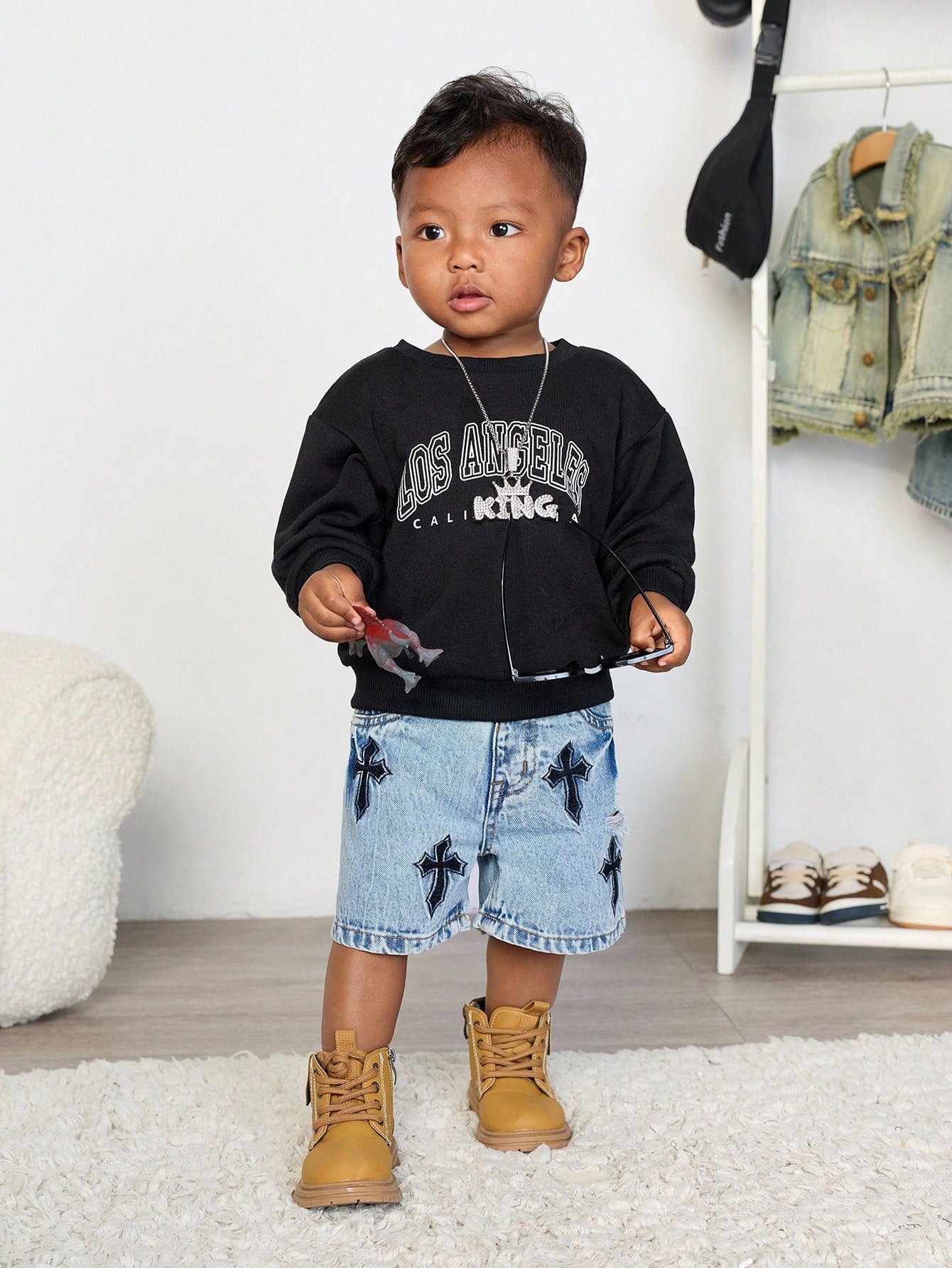 Baby Boy Urban Street Vintage Distressed Urban Cross Embroidered Blue Denim Long Jeans Shorts Bermuda Spring Summer,For Baby Dailywear Spring Summer And Back To School,Streetwear,Boy Christmas,New Yea