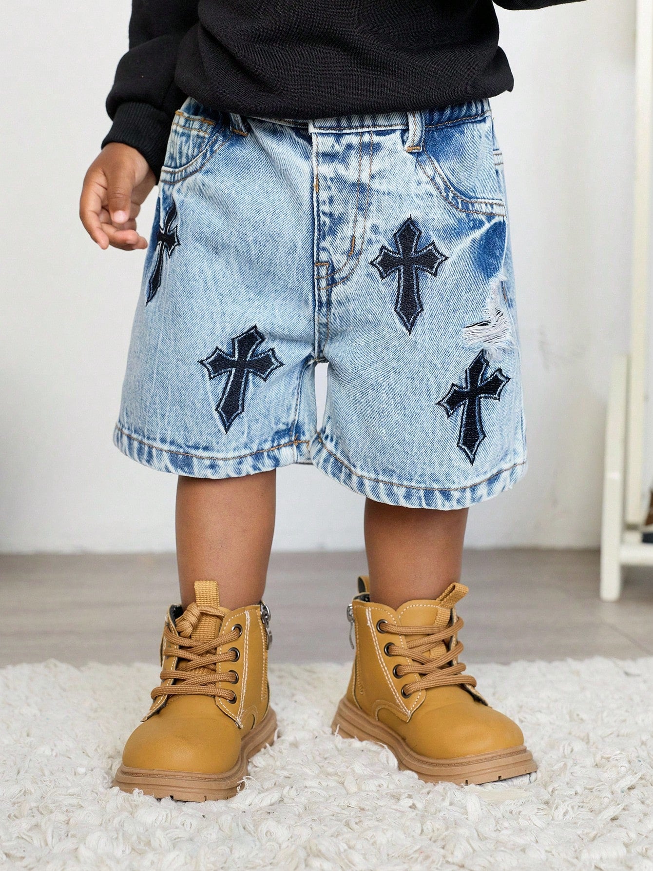 Baby Boy Urban Street Vintage Distressed Urban Cross Embroidered Blue Denim Long Jeans Shorts Bermuda Spring Summer,For Baby Dailywear Spring Summer And Back To School,Streetwear,Boy Christmas,New Yea
