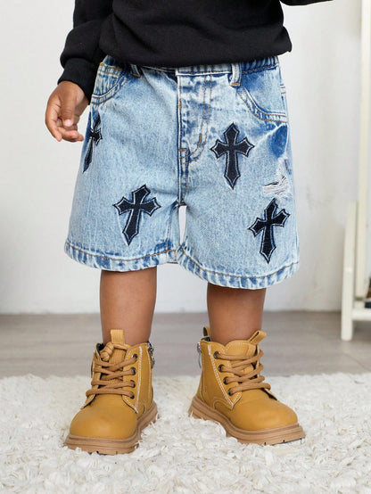 Baby Boy Urban Street Vintage Distressed Urban Cross Embroidered Blue Denim Long Jeans Shorts Bermuda Spring Summer,For Baby Dailywear Spring Summer And Back To School,Streetwear,Boy Christmas,New Yea