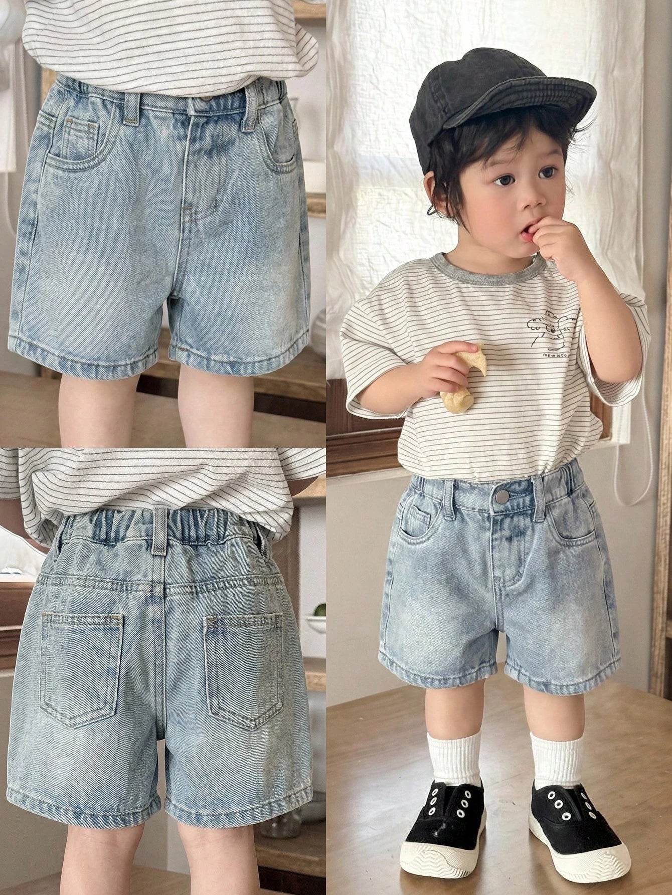 Baby Boy Urban Street Vintage Distressed Urban Cross Embroidered Blue Denim Long Jeans Shorts Bermuda Spring Summer,For Baby Dailywear Spring Summer And Back To School,Streetwear,Boy Christmas,New Yea