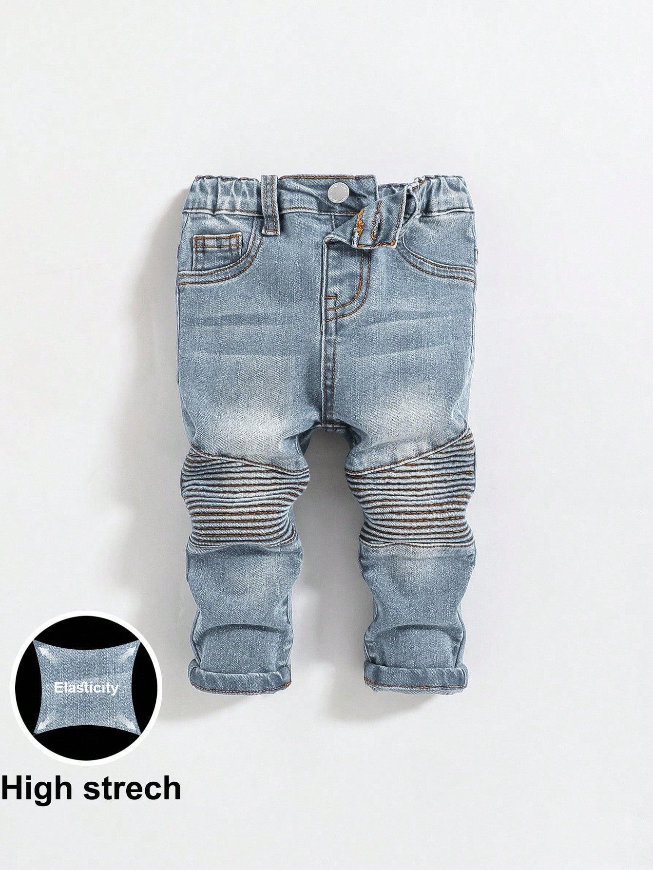 Baby Boys' Cute Distressed Toothpick Pleated Design High Stretch Skinny Blue Jeans,For Baby Boys Fall Clothes