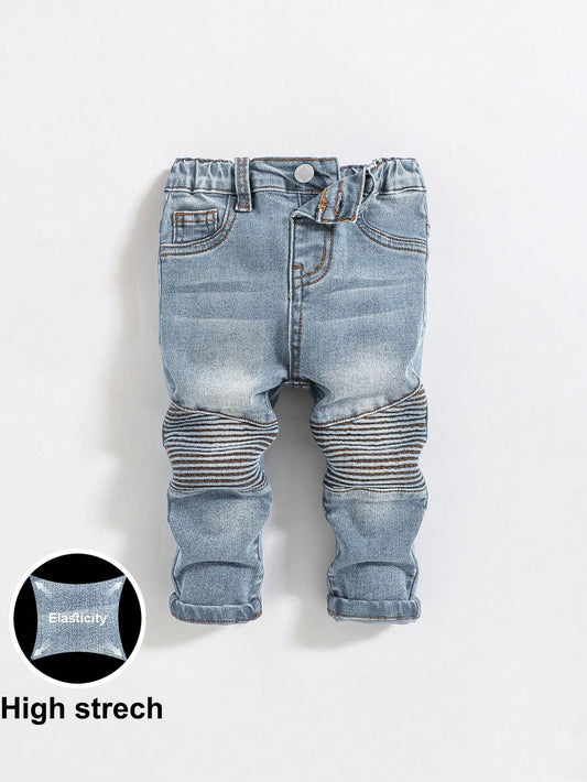 Baby Boys' Cute Distressed Toothpick Pleated Design High Stretch Skinny Blue Jeans,For Baby Boys Fall Clothes