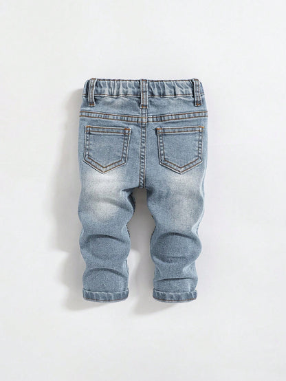 Baby Boys' Cute Distressed Toothpick Pleated Design High Stretch Skinny Blue Jeans,For Baby Boys Fall Clothes