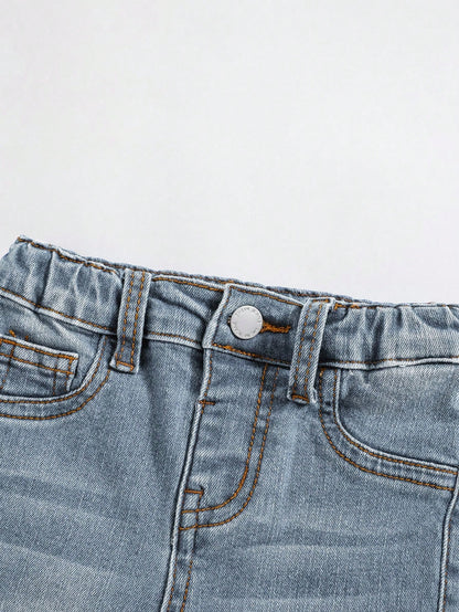 Baby Boys' Cute Distressed Toothpick Pleated Design High Stretch Skinny Blue Jeans,For Baby Boys Fall Clothes