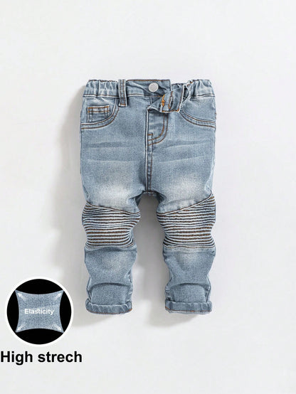 Baby Boys' Cute Distressed Toothpick Pleated Design High Stretch Skinny Blue Jeans,For Baby Boys Fall Clothes