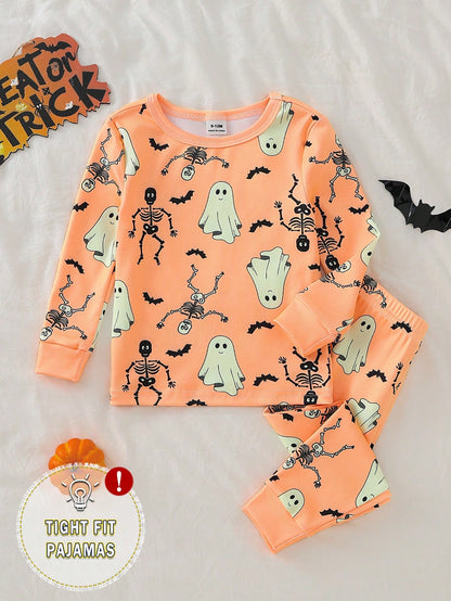 Baby Boys Spring/Autumn Cartoon Dinosaur & Palm Tree Random All-Over Print Crew Neck Long Sleeve Top And Elastic Waist Long Pants Snug Fit Loungewear