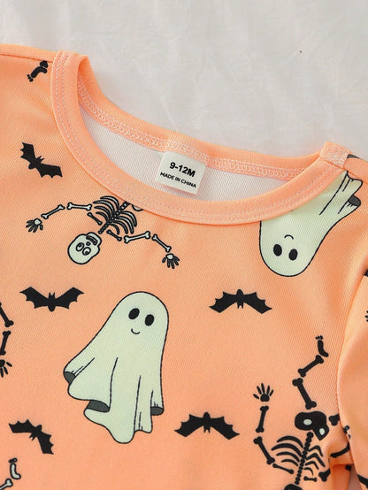 Baby Boys Spring/Autumn Cartoon Dinosaur & Palm Tree Random All-Over Print Crew Neck Long Sleeve Top And Elastic Waist Long Pants Snug Fit Loungewear