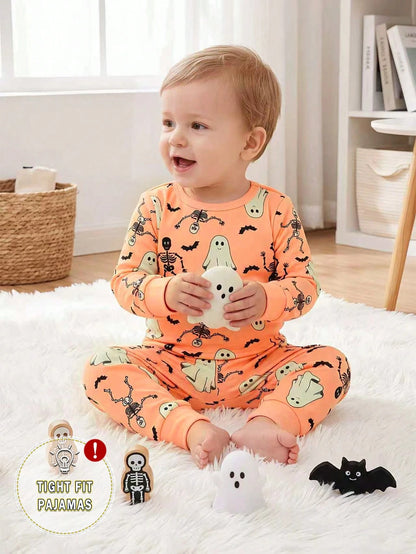 Baby Boys Spring/Autumn Cartoon Dinosaur & Palm Tree Random All-Over Print Crew Neck Long Sleeve Top And Elastic Waist Long Pants Snug Fit Loungewear