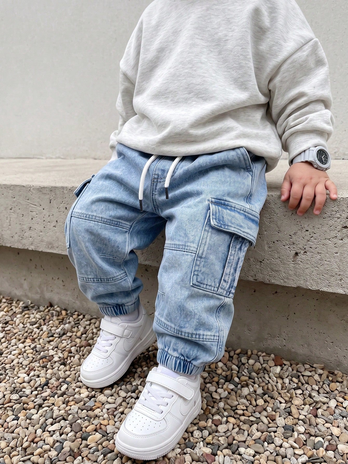 Baby Boys Vintage Casual Streetwear Loose Comfy Multi-Pocket Elastic Waist Drawstring Ankle-Tie Washed Light Blue Denim Cargo Pants
