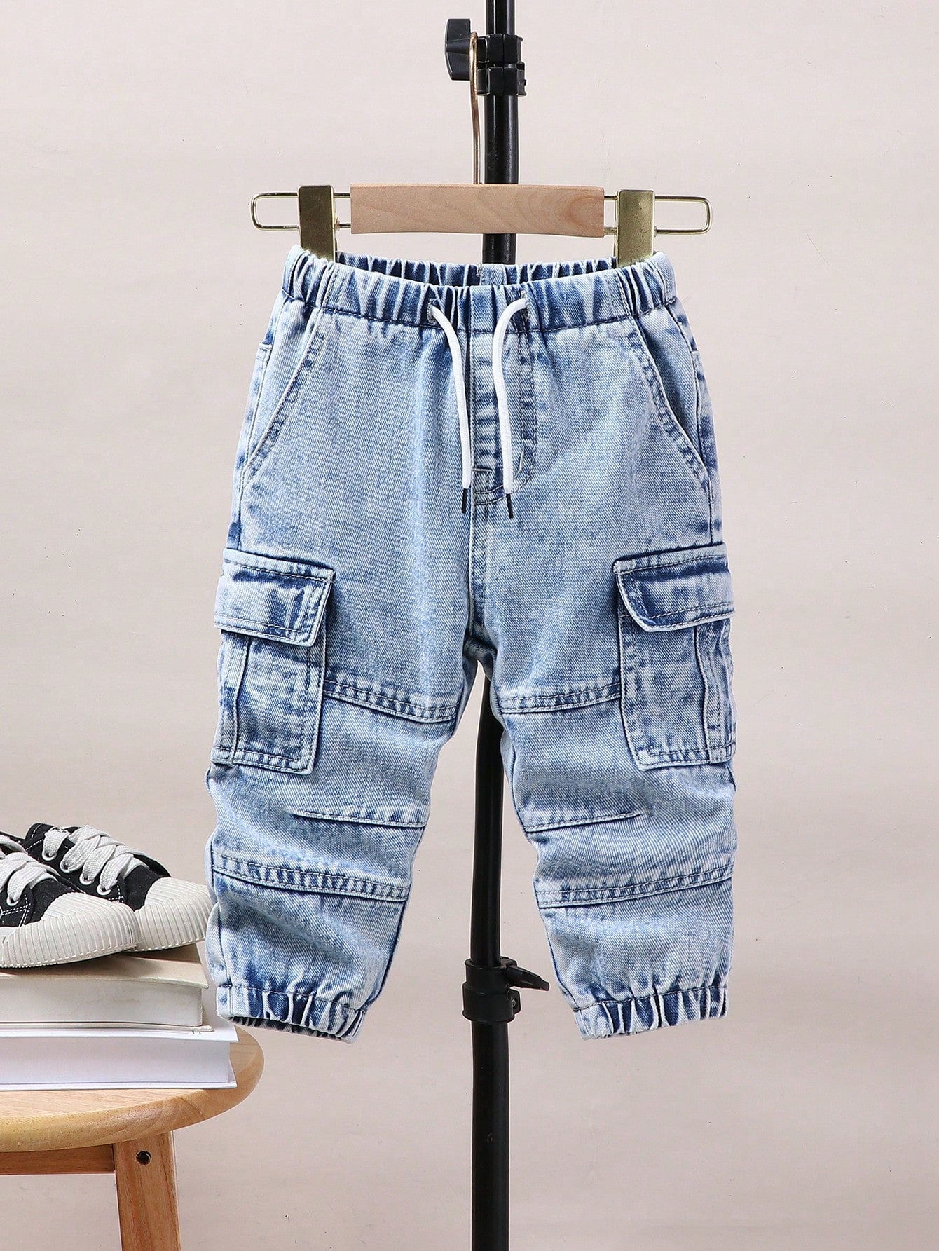 Baby Boys Vintage Casual Streetwear Loose Comfy Multi-Pocket Elastic Waist Drawstring Ankle-Tie Washed Light Blue Denim Cargo Pants